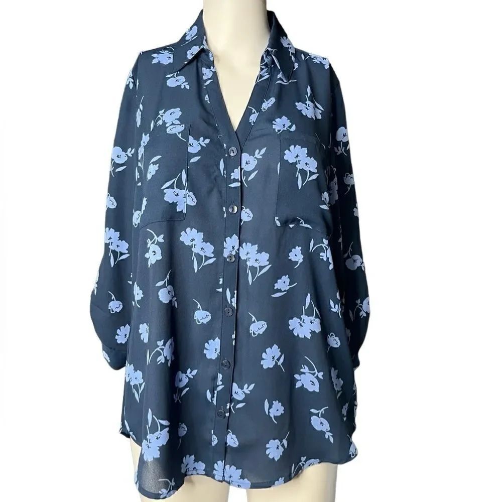 A. Byer Floral Button Down Blouse Two Tone Blue Size Medium